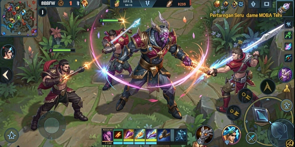 Screenshot utama 888FW menampilkan aksi intens dalam pertempuran MOBA.