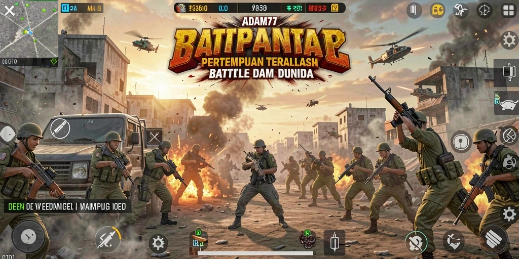 Screenshot gameplay ADAM77 yang menunjukkan aksi pertempuran mendebarkan.