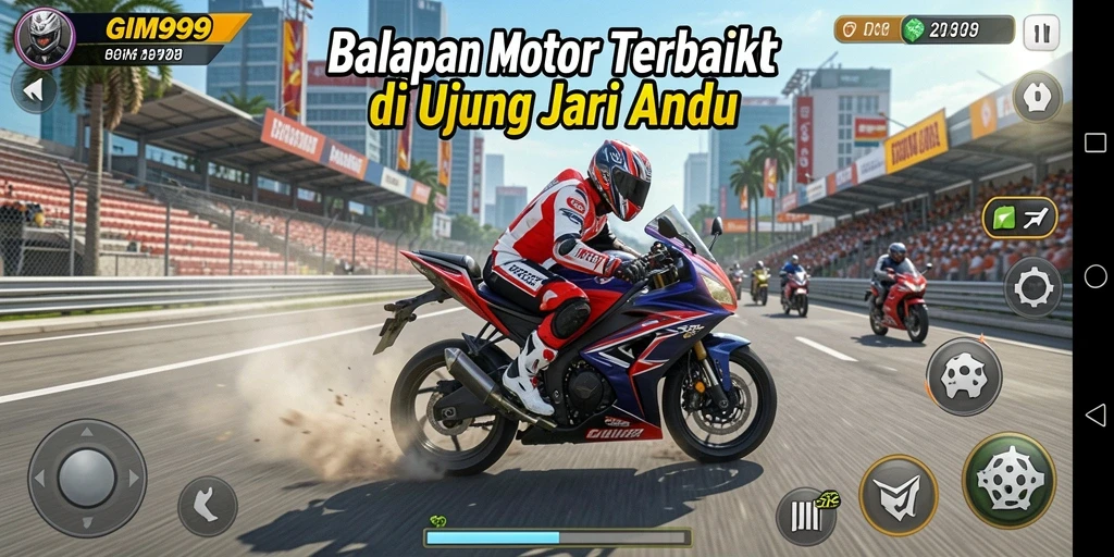 Screenshot gameplay GIM999 menampilkan balapan motor yang seru dan menegangkan.