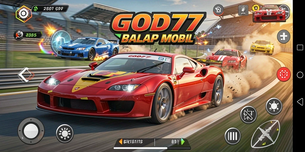 Tangkapan layar game GOD77 menunjukkan aksi balapan mobil yang mendebarkan.