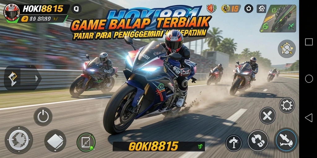 Screenshot utama HOKI8815 menunjukkan aksi balap motor yang penuh kecepatan dan ketegangan.