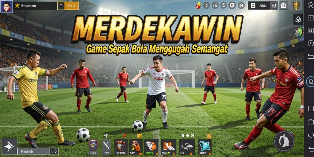 Tangkapan layar gameplay MERDEKAWIN yang menampilkan aksi laga sepak bola yang intens.