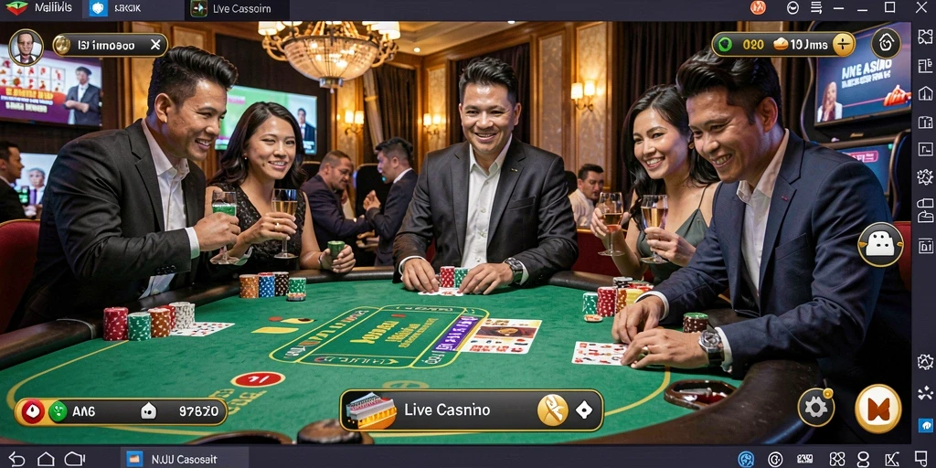 Screenshot gameplay OKJK dengan dealer langsung dan suasana kasino yang menegangkan.