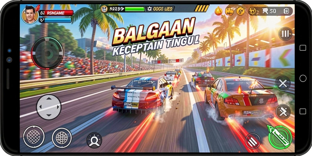 Gameplay balapan seru RSNGAME dengan mobil cepat dan trek menantang.