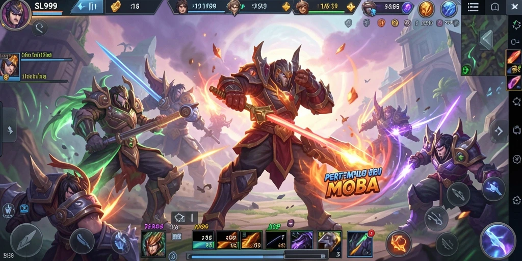 Screenshot gameplay SL999 dengan aksi pertempuran MOBA.