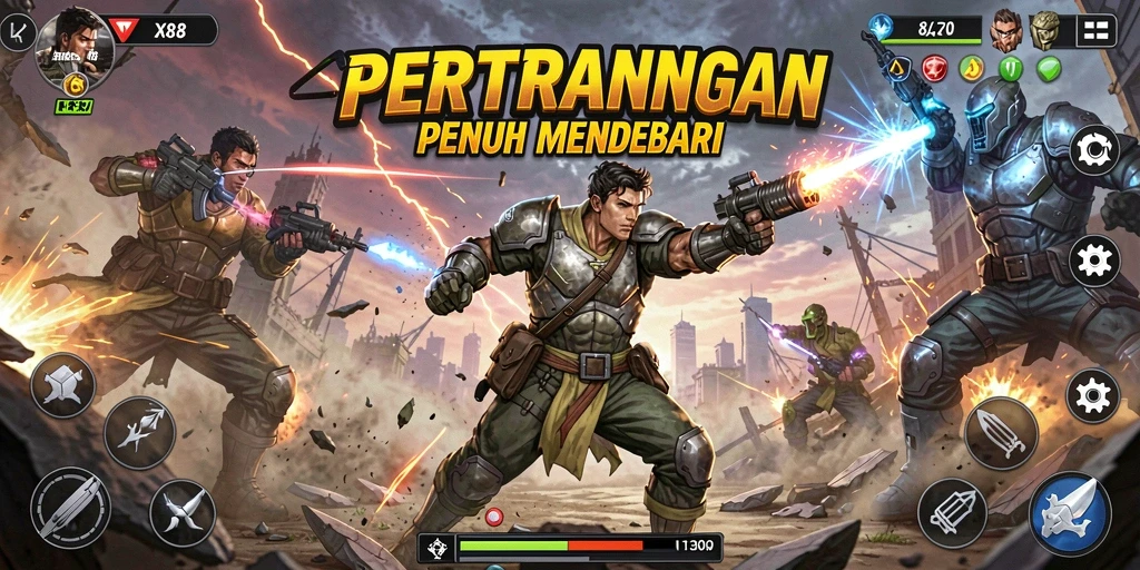 Screenshot utama X88 menampilkan pertarungan aksi yang intens.